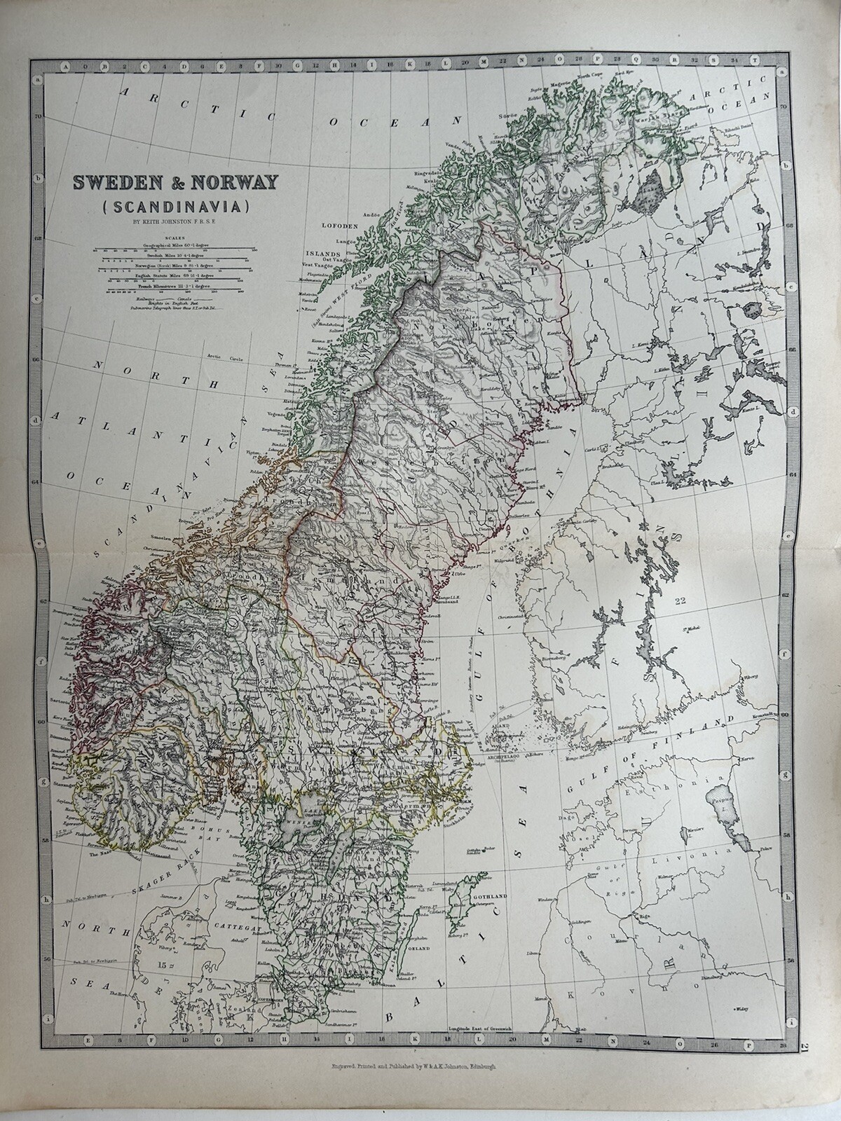 1884 Sweden & Norway Hand Coloured Original Antique Map by Johnston