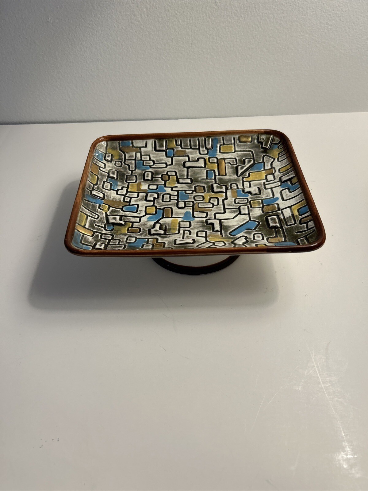 MCM Modern Retro Pedestal Dish. 7 1/2 X6 1/3”  Gold And Turquoise Accents. 