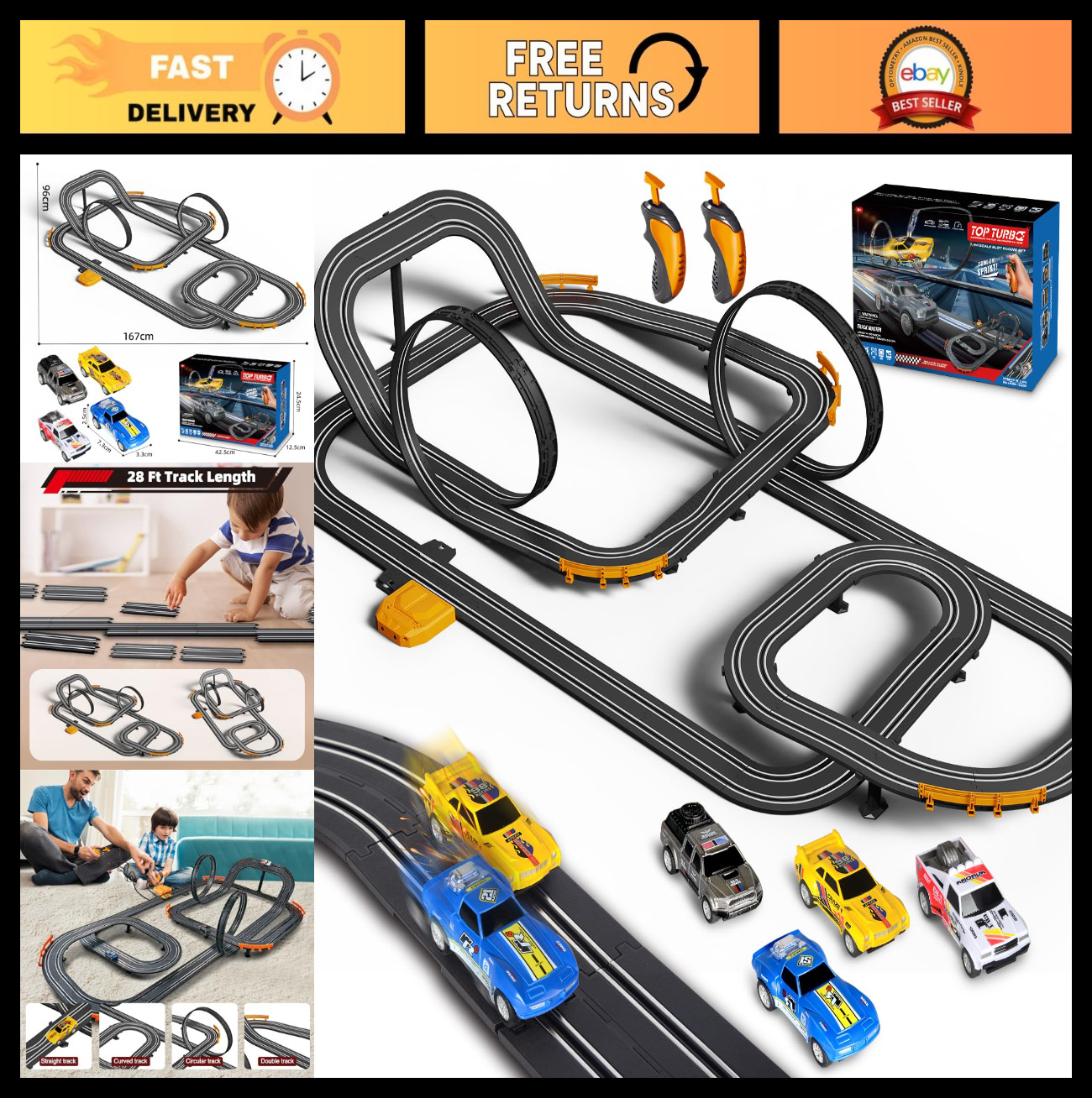 High-Speed Slot Car Race Track Set with 4 Cars & Dual Controllers - Electric Toy