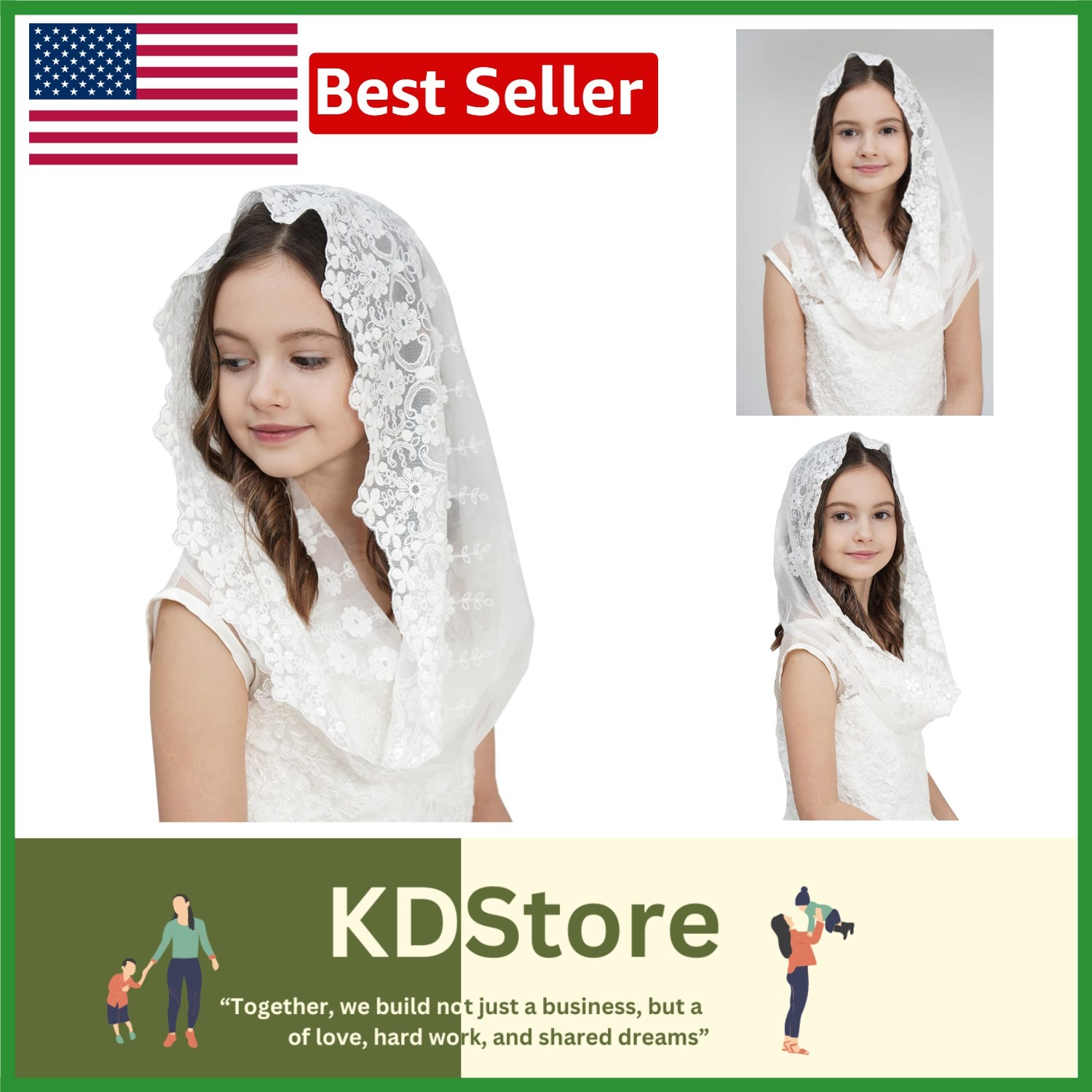 Girls First Communion Lace Veil - Flowergirl Church Headwrap, Ivory Cotton