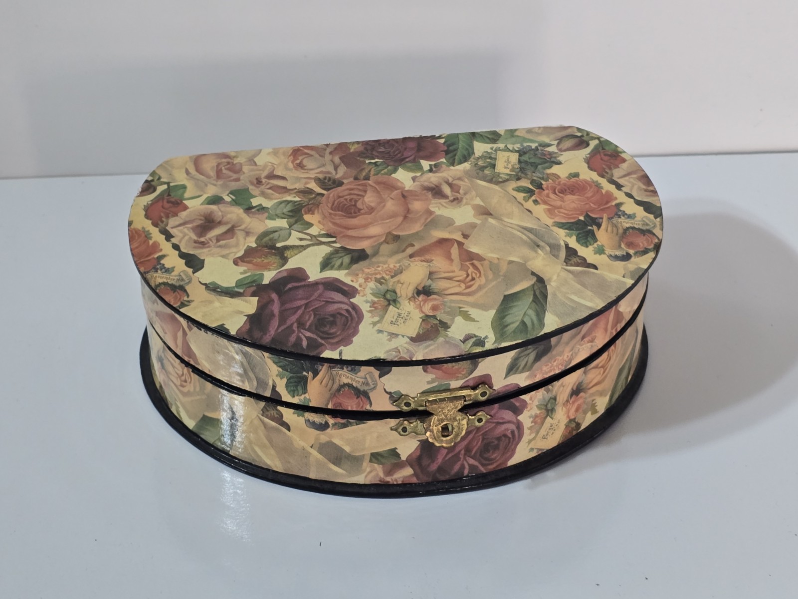 Vintage Oval Floral Jewellery Box Rose Decoupage Trinket Keepsake Box Velvet...