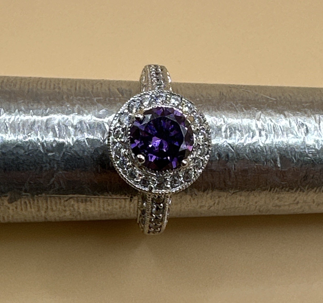 Elegant 925 Sterling Silver Purple & Clear Sparkly CZ Ring/Size 7.25