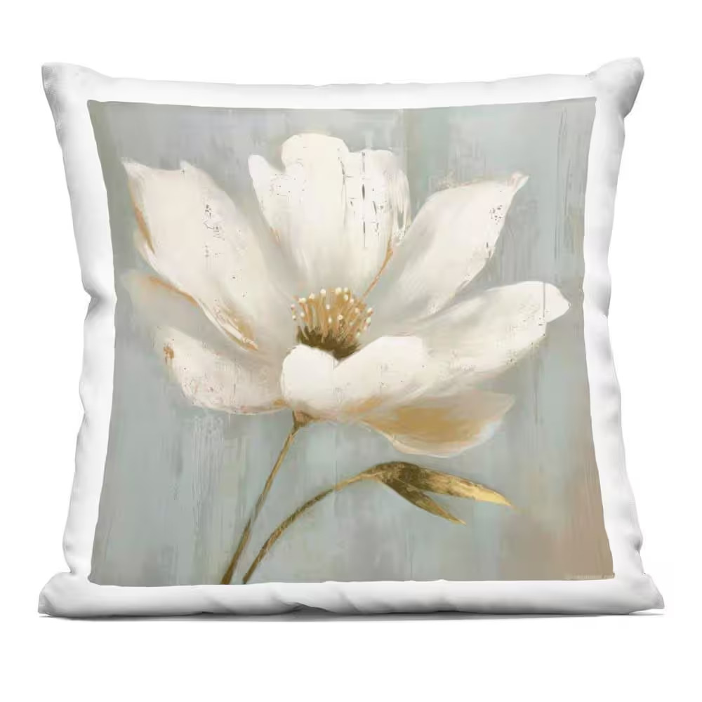 Gold Brushed Flower Gray Floral Zipper Polyester 18 In. X 18 In. Throw Pillow