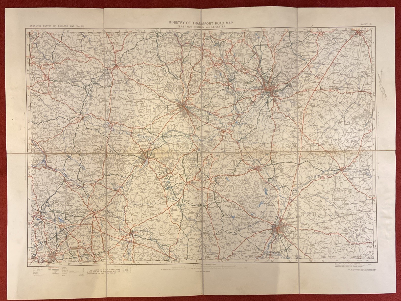 1923 Ministry Of Transport Road Map Sheet 17 Derby Nottingham and Leicester 