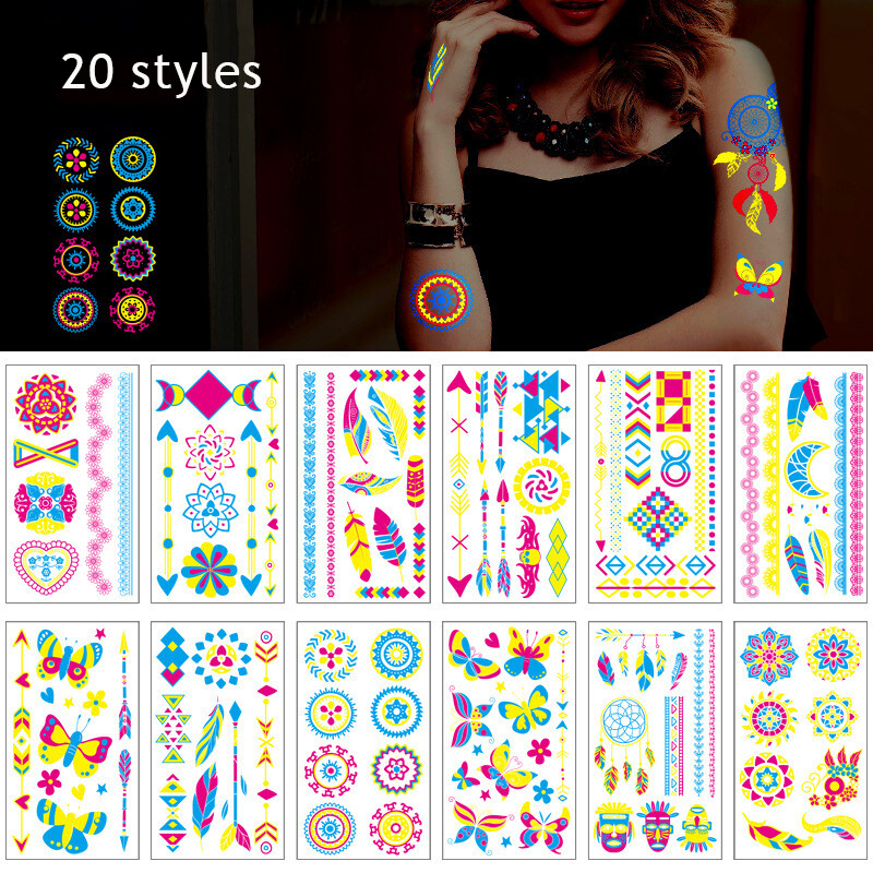Luminous Temporary Tattoos Stickers Glow Dark Fluorescent UV Waterproof Tattoo ∂