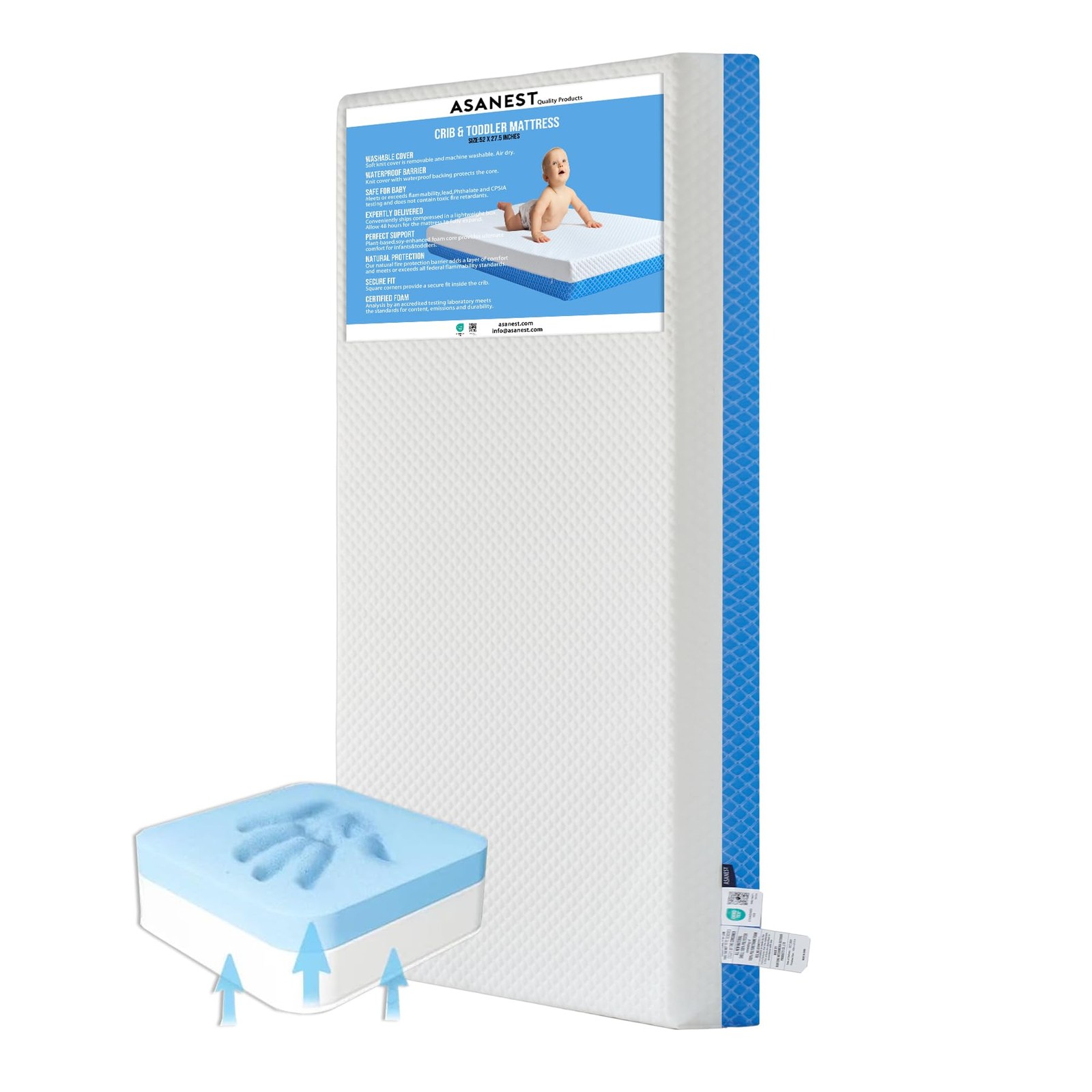 Memory Foam Crib Mattress Breathable Removable Cover Standard Size ASANEST Dual