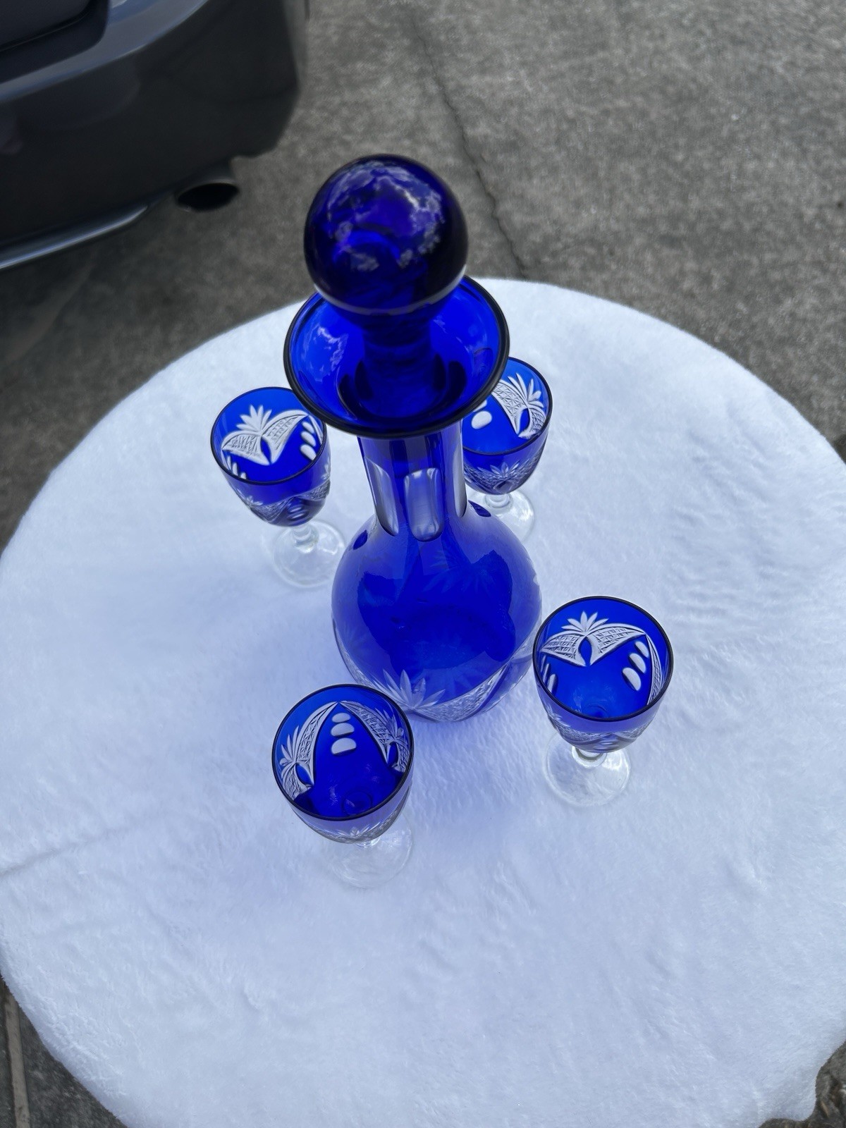 Vintage  Bohemian Cobalt Blue Etched Crystal  Decanter, Stopper, and  4 Goblets