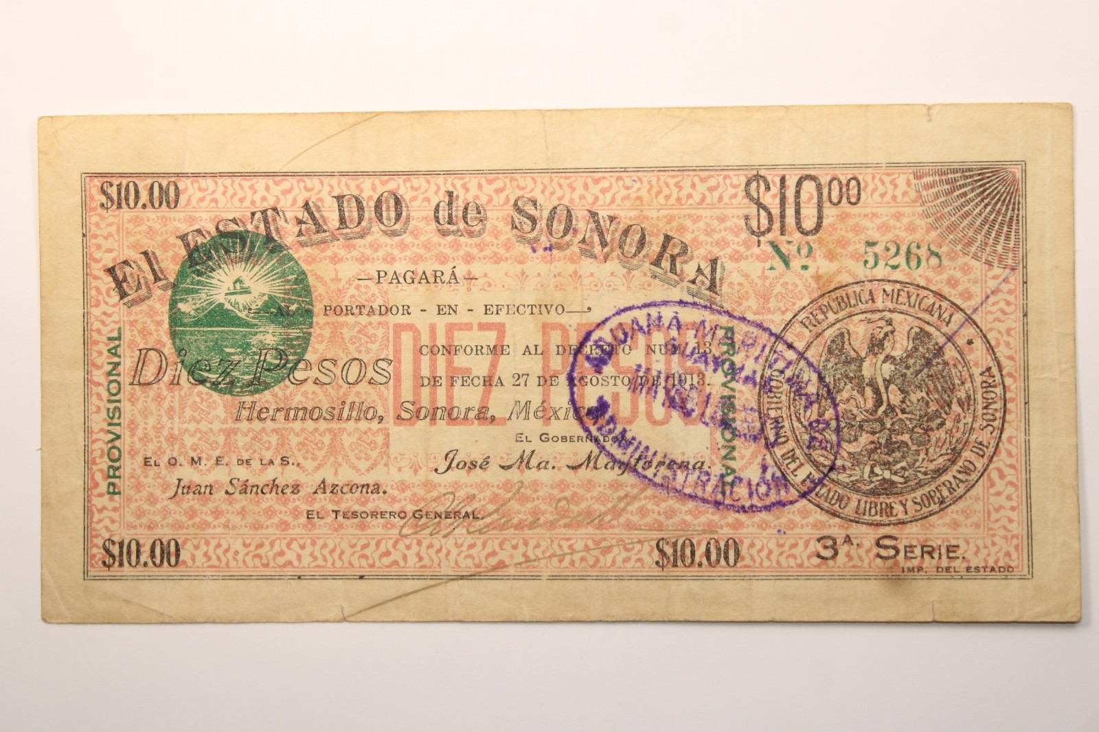Mexico Catalog #M3817e 1913 Sonora 10 Pesos Circulated Banknote  #0479