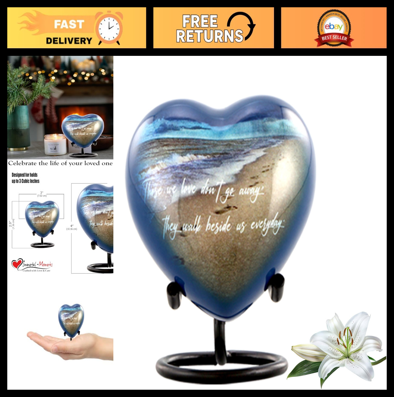 Mini Beach Heart Keepsake Urn for Ashes - Memorial Cremation Urn with Stand & Bo