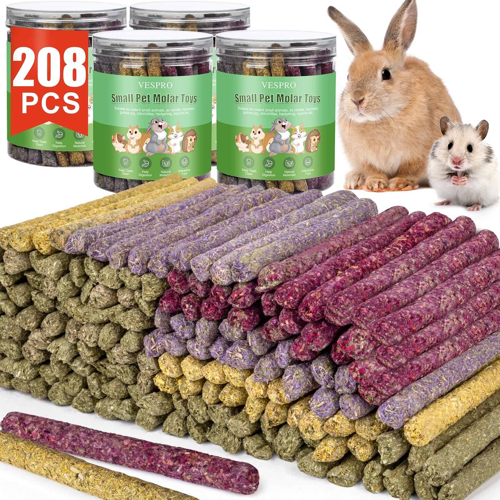 208Pcs Rabbit Chew Sticks, Guinea Pig Toys, Natural Timothy Grass Molar Teeth...