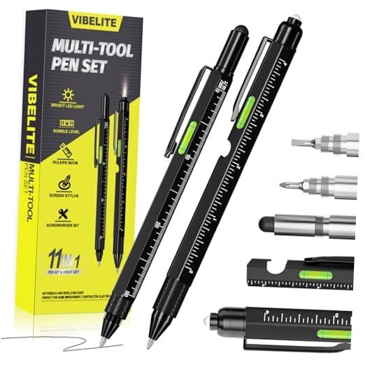  11 in 1 Multitool Pen Set with LED, Stylus, Level, Screwdriver, 2 Pack Black
