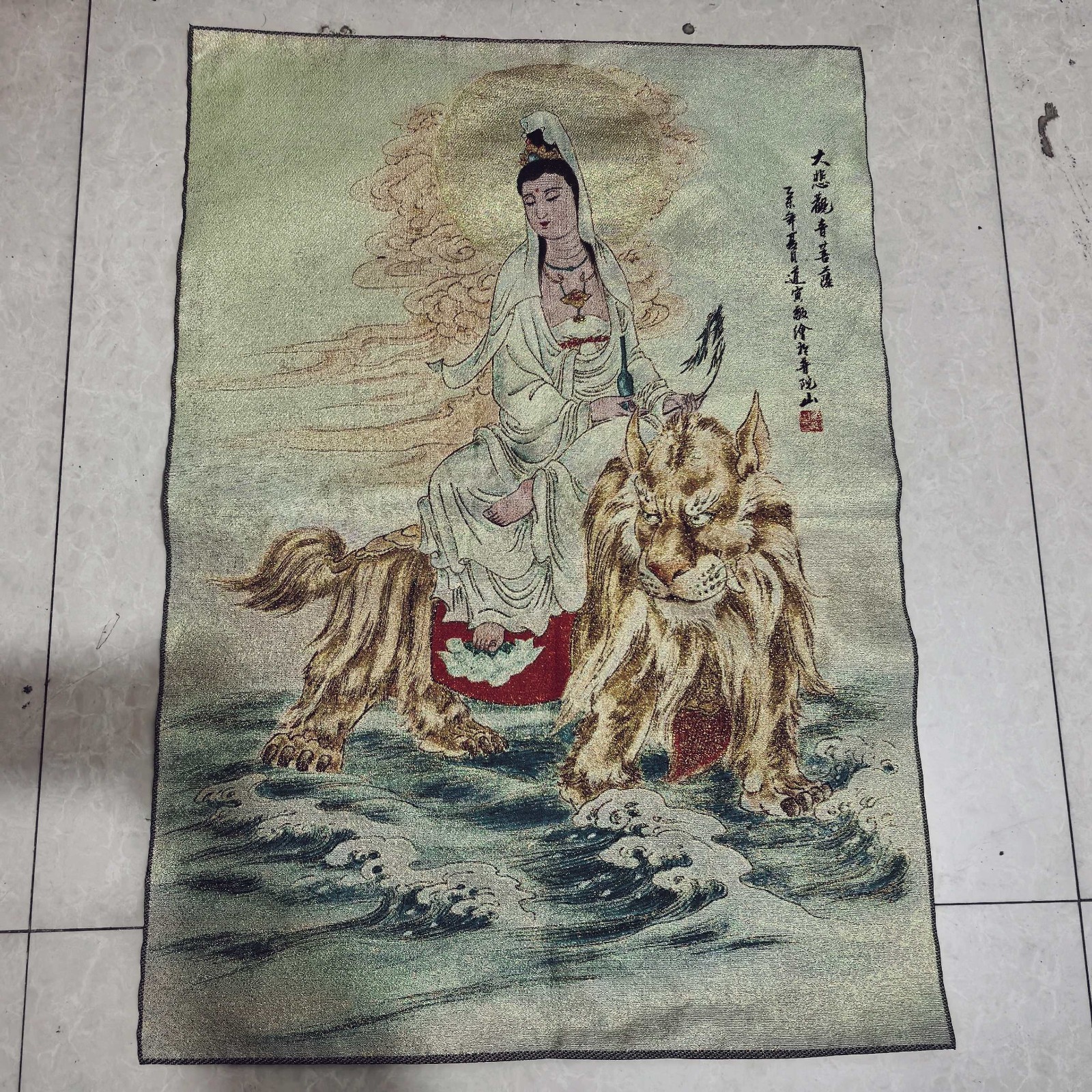 China Old Brocade Embroidery Tangka,Riding Tiger Guanyin Buddha statue