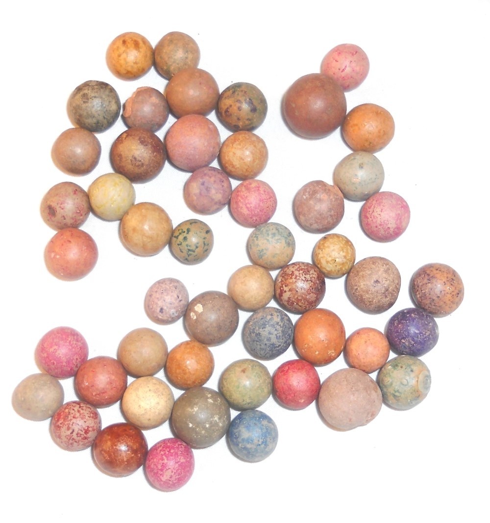 Good Lot of 50 Antique Unglazed Clay Marbles of Various Colors and Sizes