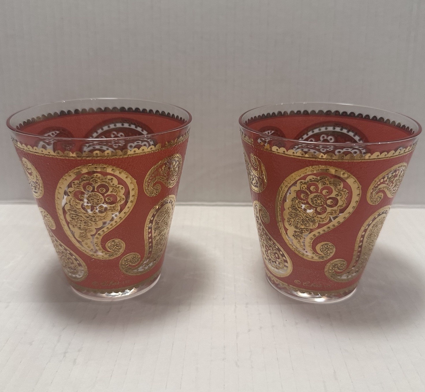 Vintage Culver LTD Old Fashioned Glasses Paisley Red 22K Gold MCM Barware Set 2