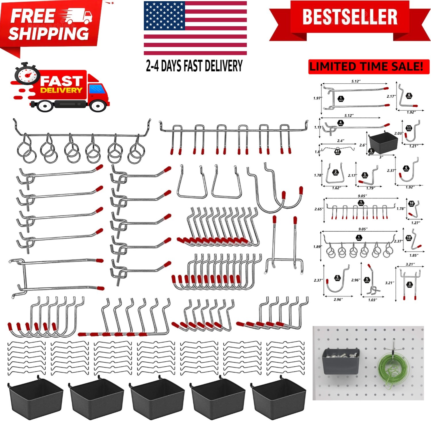 114 pcs Pegboard Hooks Assortment with Metal Hooks Sets, Pegboard Bins, Peg L...
