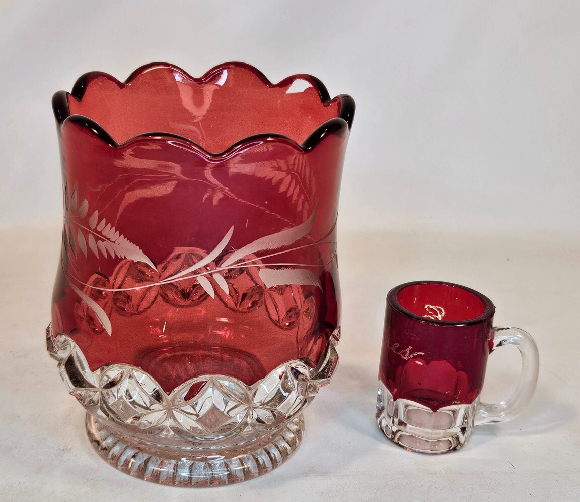 Ruby Flashed Glass Spooner and Mini Souvenir Mug Etched to Clear