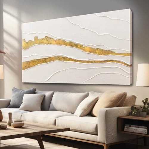  Canvas Abstract Art White Large Wall Decorations for Living 29"x58" Gold Beige