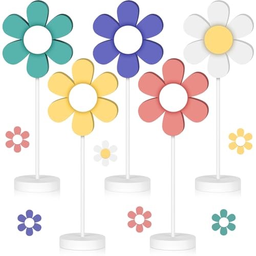 5 Pieces Spring Table Decorations Daisy Centerpieces for Tables Spring Wooden 