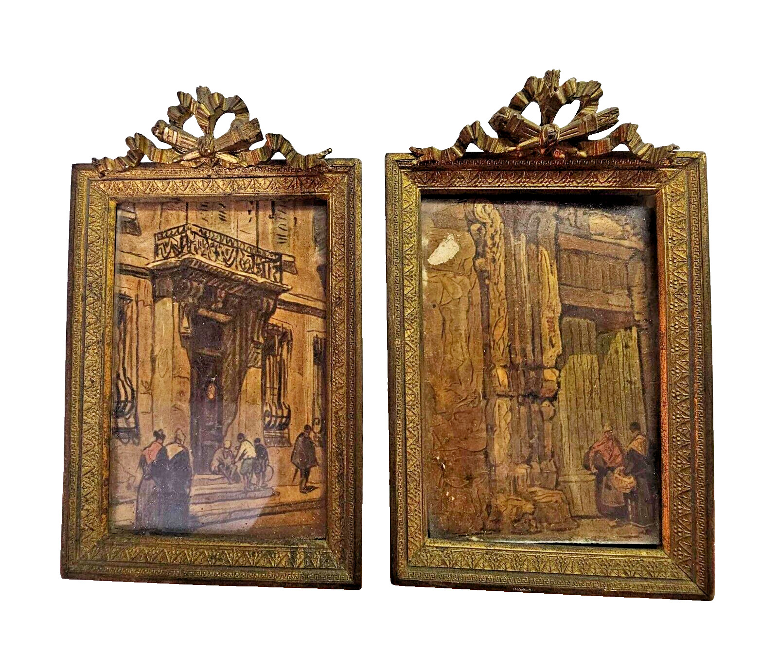 2 vtg Italian Old City Building Scene Small Framed wall art Brass & Glass Ribbon