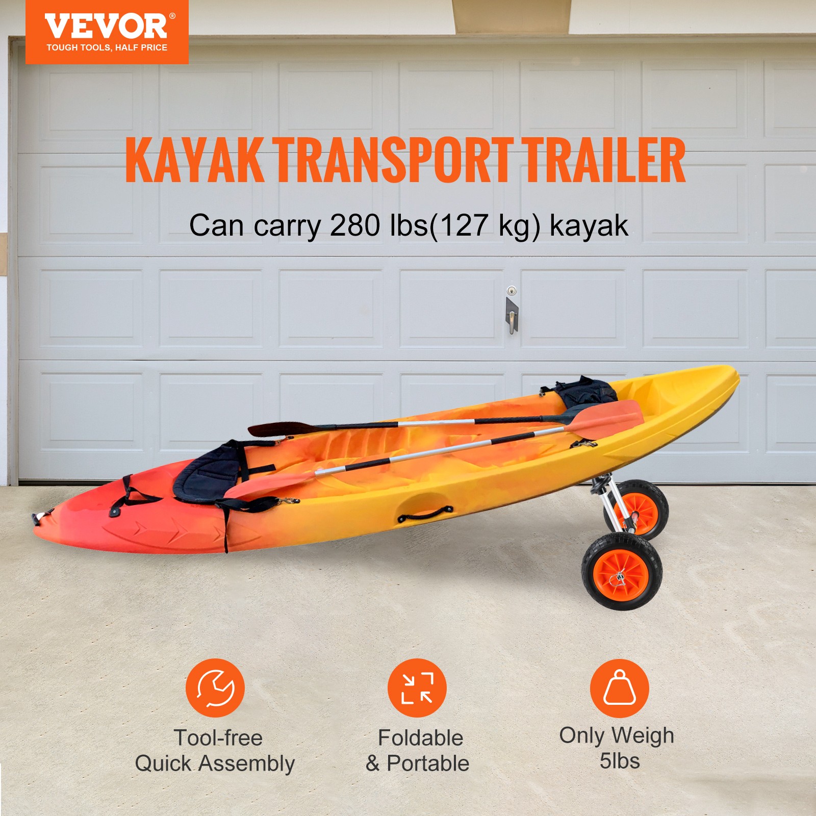 Heavy Duty Kayak Cart, 280lbs Load Capacity, Detachable Canoe Trolley Cart