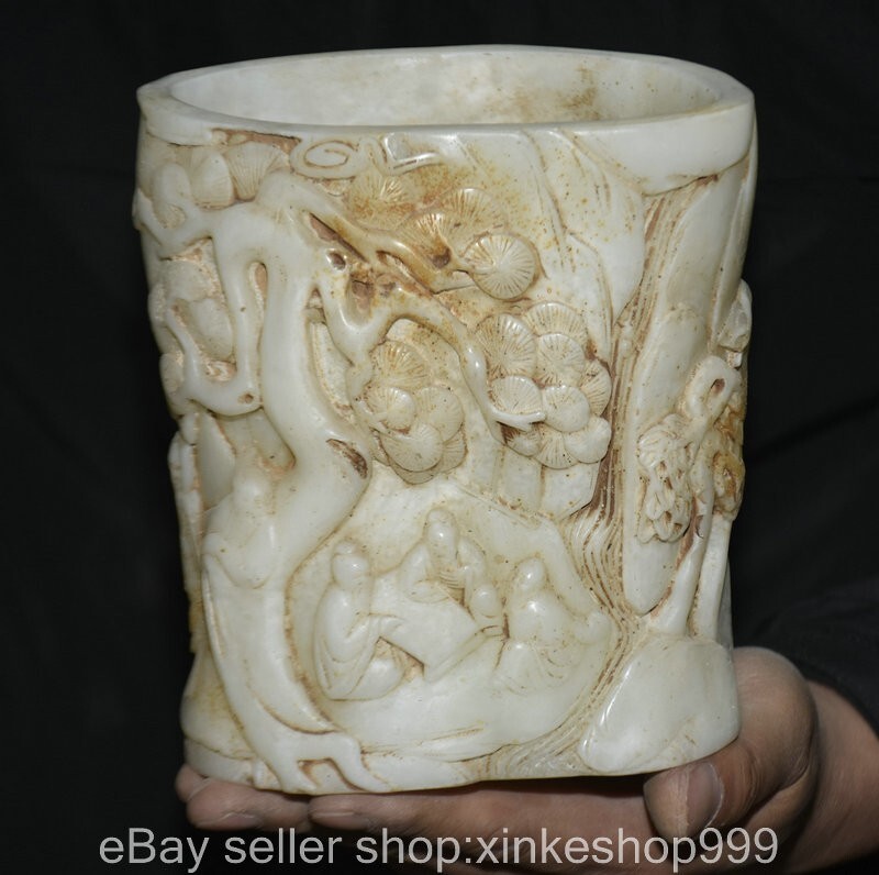 6" Old Chinese dynasty white Jade Carving landscape Human Brush Pot Pencil Vase