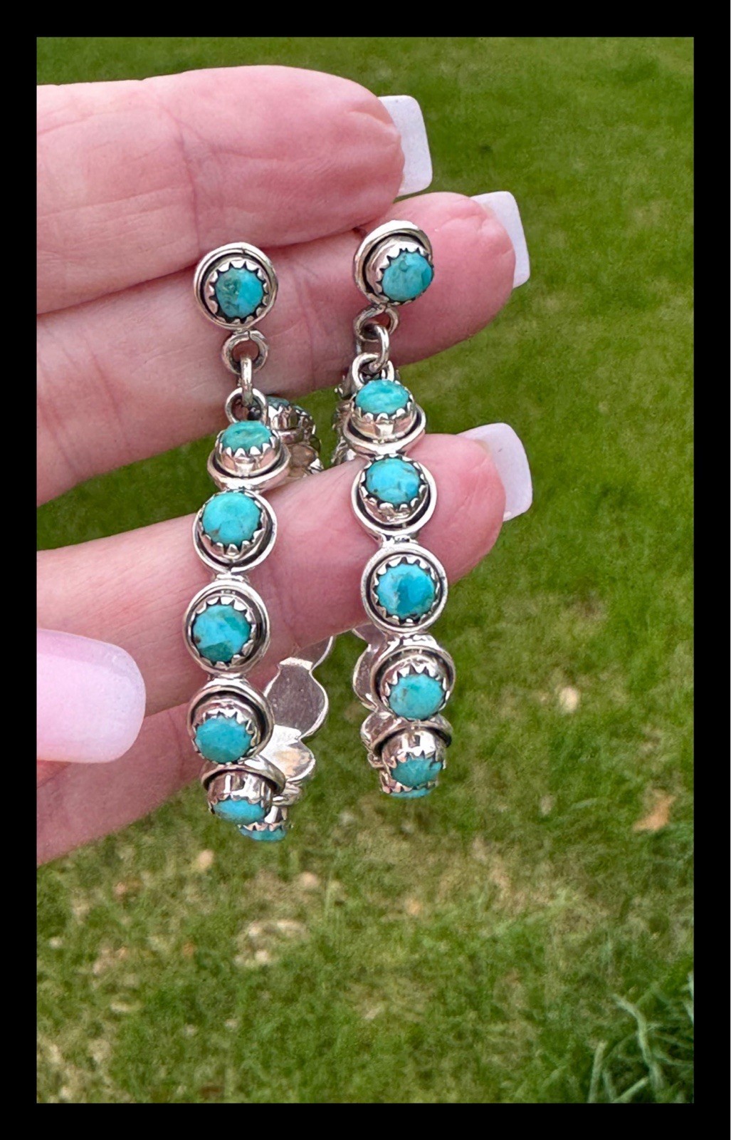 NAVAJO ~BIG TURQUOISE ~SS~HOOP EARRINGS~SIGNED ~SIGNED