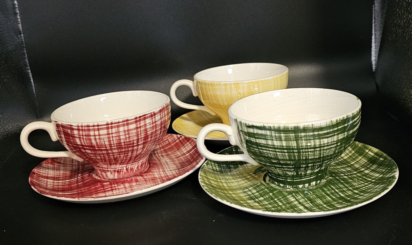 3 Mid-Century Modetn Tea Cups Saucers Red Green Yellow