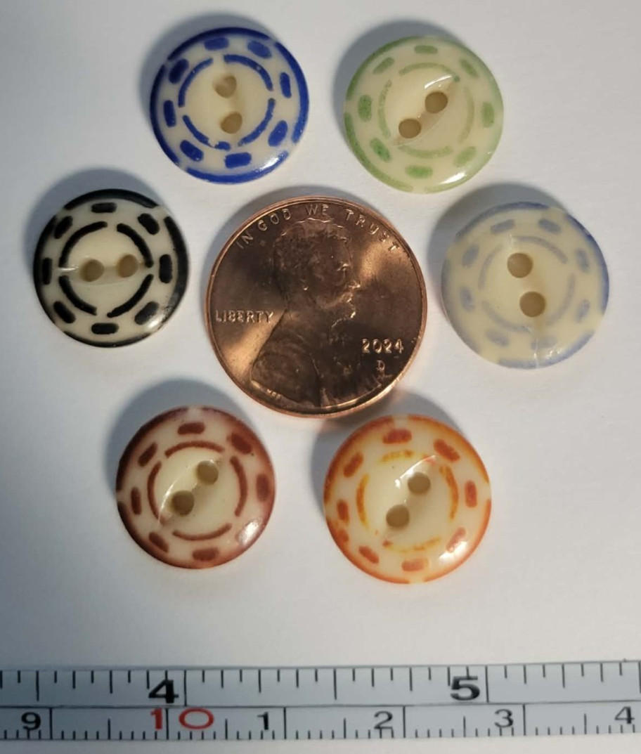 6 ANTIQUE #18 CHINA STENCIL buttons--RAINBOW-- MEDIUM