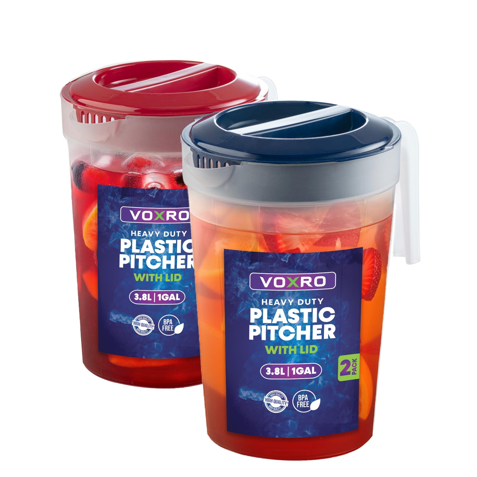 2Pack 1Gallon Plastic Pitchers with Lids – Iced Tea Pitchers with Twist Cover...