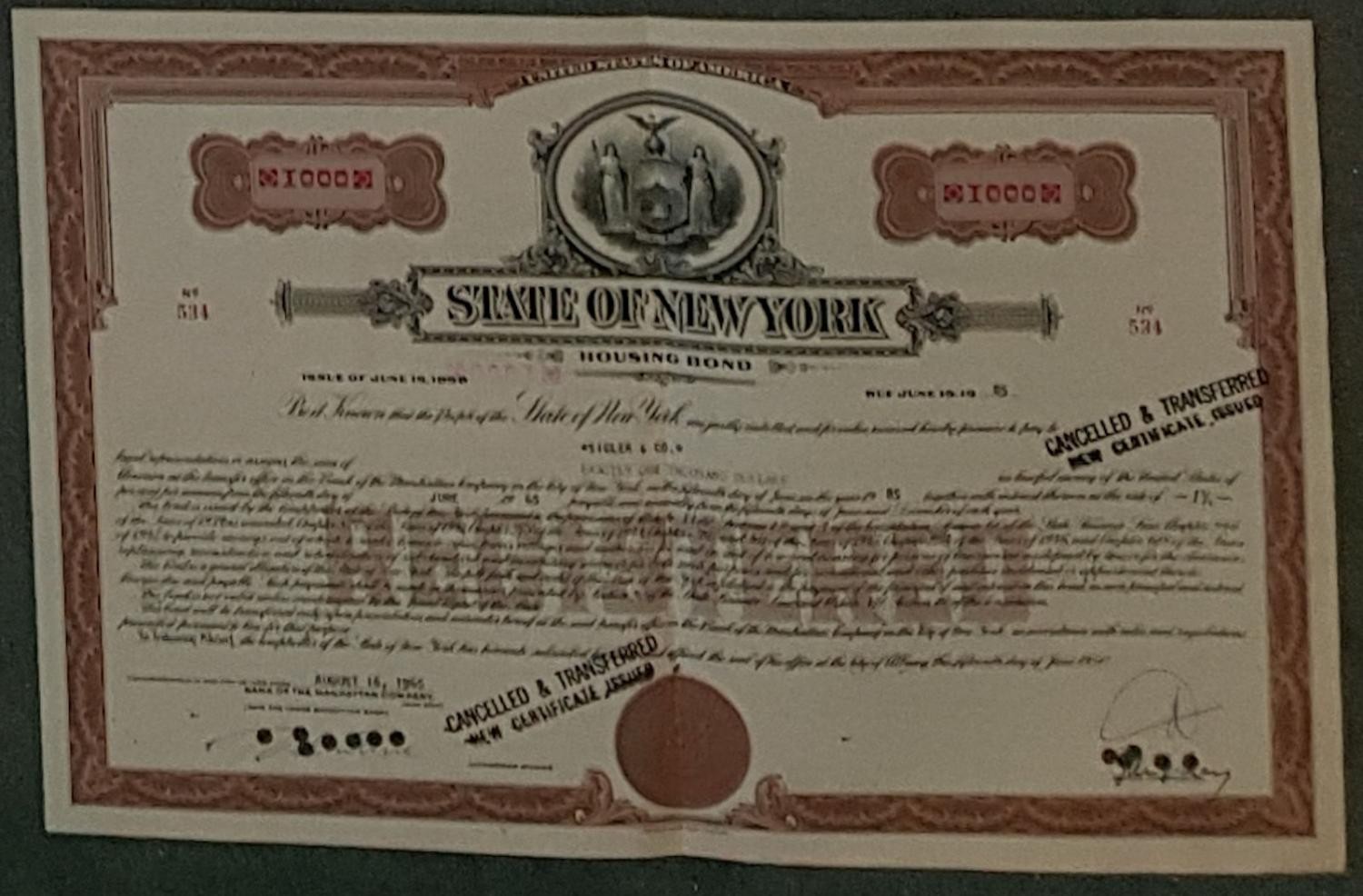 State New York Bond Housing Bond 06/1950 - 06/1985 1.75% $1,000