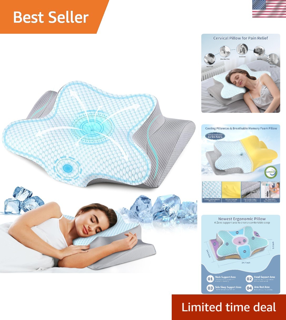 Luxurious Cervical Neck Pillow - Cooling Memory Foam for Pain Relief - 24.7"x...