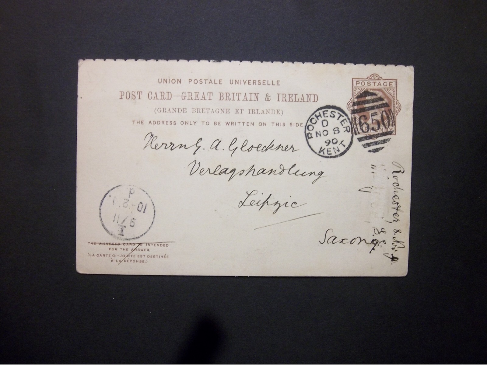 GB Stationery 1890 QV 1d UPU Reply Postcard 650 ROCHESTER KENT Duplex to Saxony