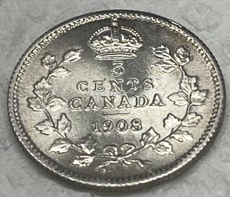1908 Canada 5 Cents .925 Silver. An AU++ Rare Gem !!