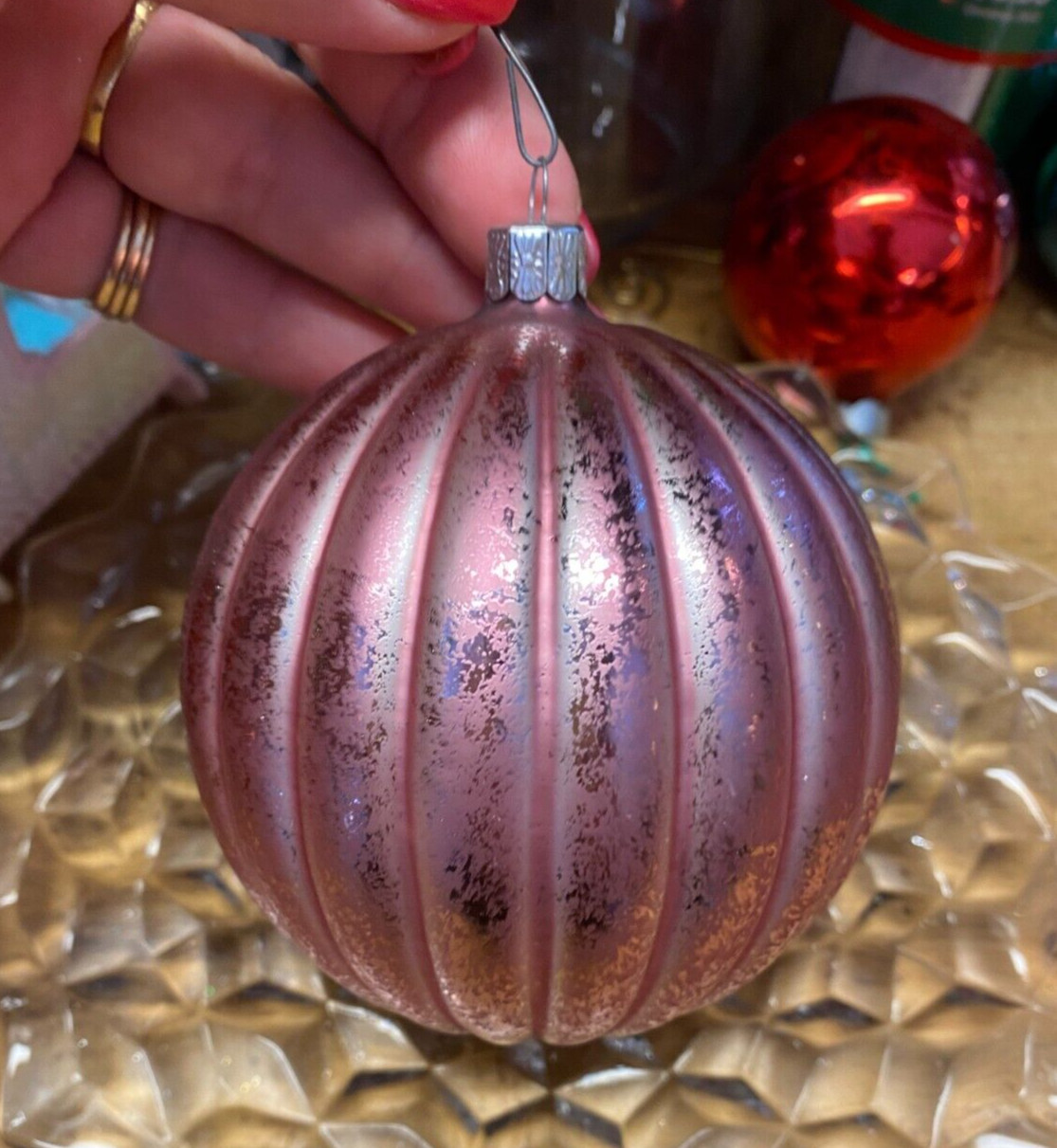 Large Pink Ribbed Plastic Ball Christmas Ornament 3.5"