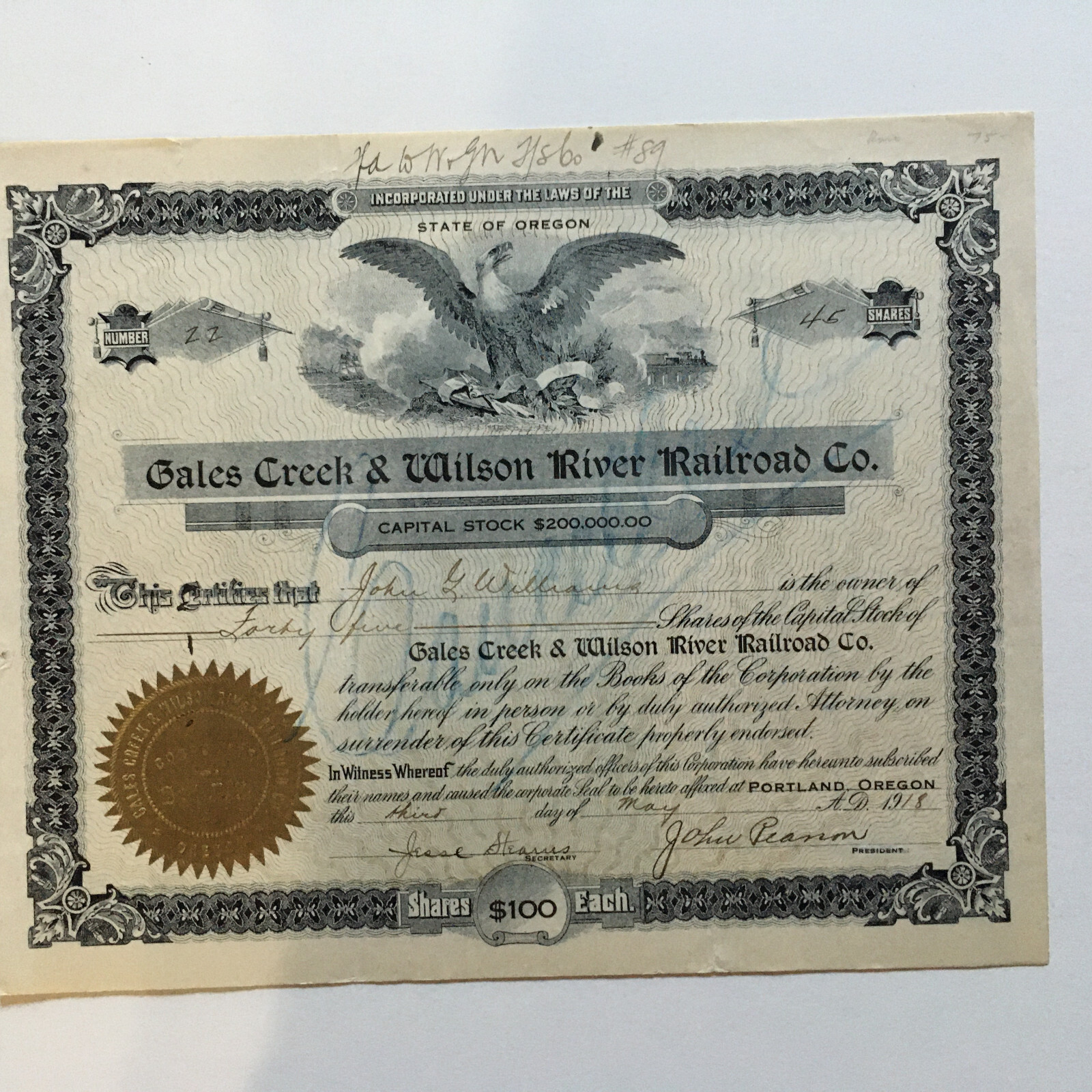 GALES CREEK WILSON RIVER OREGON  RAILROAD RAILWAY 1918 STOCK CERTIFICATE