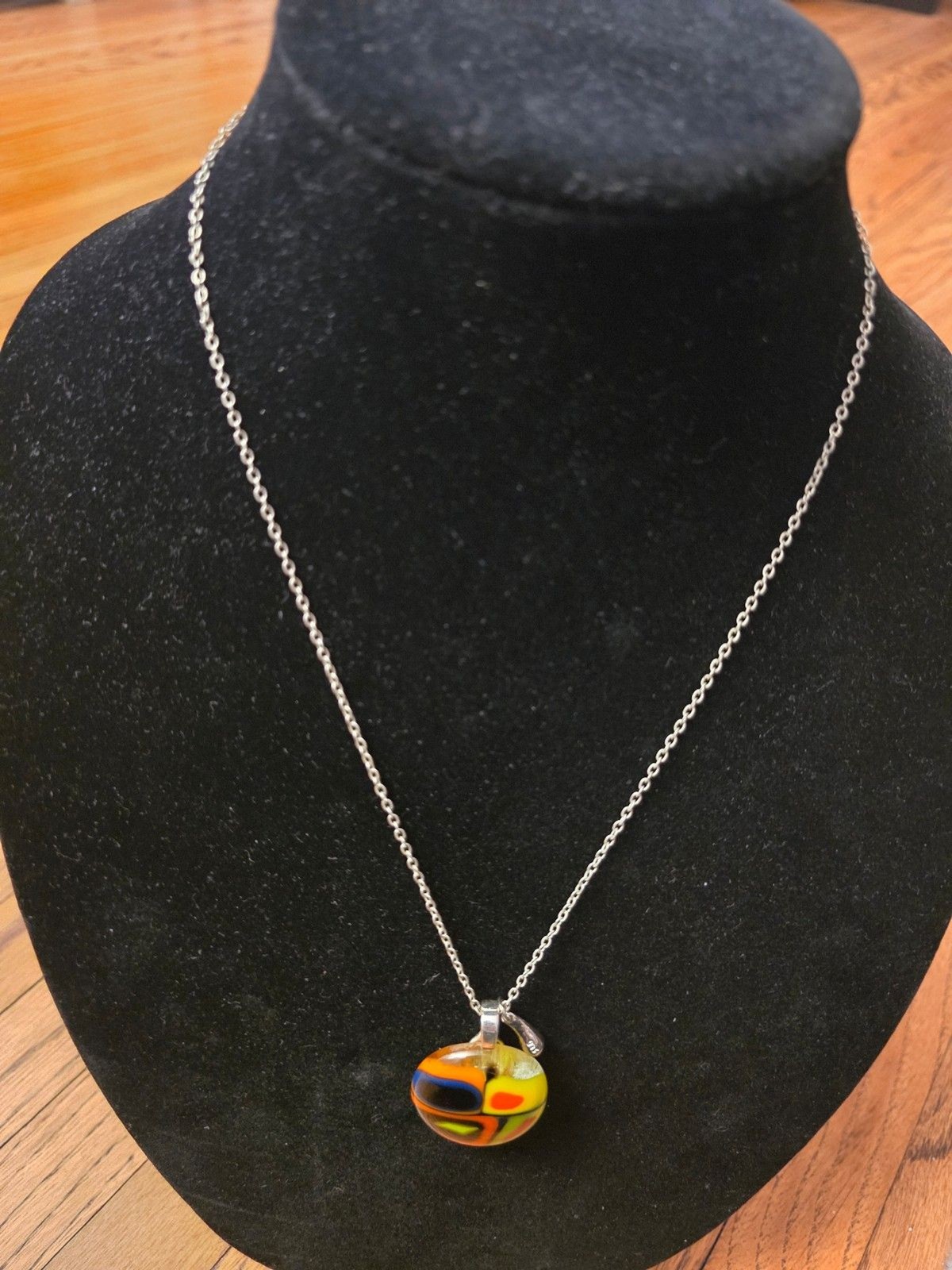 925 Sterling Silver Colorful Fused Glass Pendant Necklace - Bold Yellow Orange
