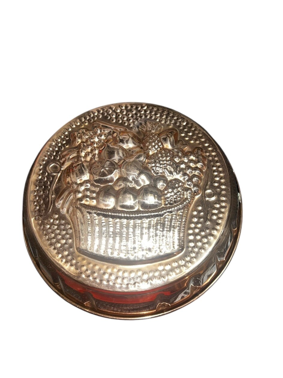 Vintage Fruit Basket Round Jelly Cake Copper Metal Cup Mold Backing Cooking 