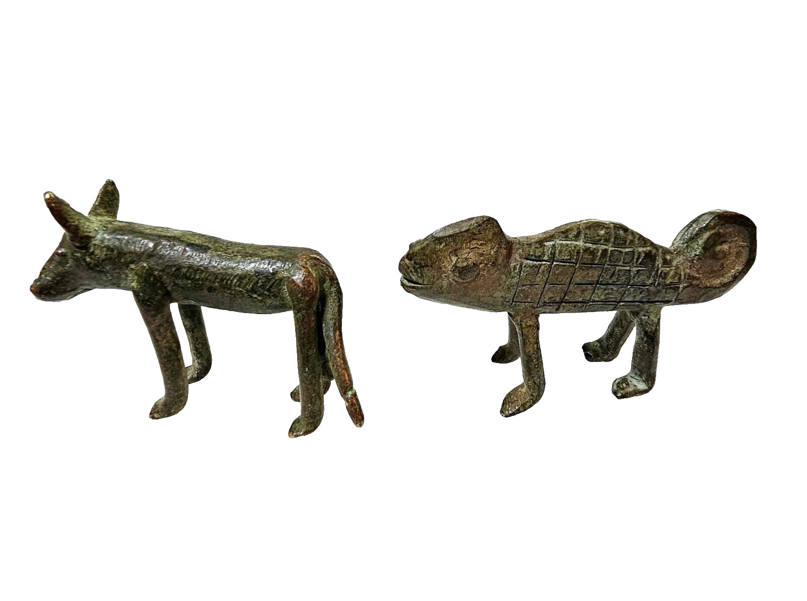 2 RARE Ancient Cast Iron African animal Benin chameleon & Dog, Cow Statue figure