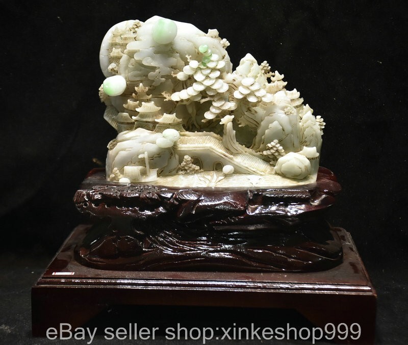 10" Old Chinese Natural Emerald Jade Jadeite Carving Landscape Sculpture statue