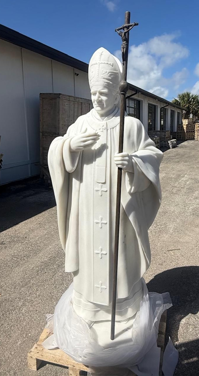 Carved Marble Church Statue Pope John Paul II, 72" ht, with Bronze Staff  TF107