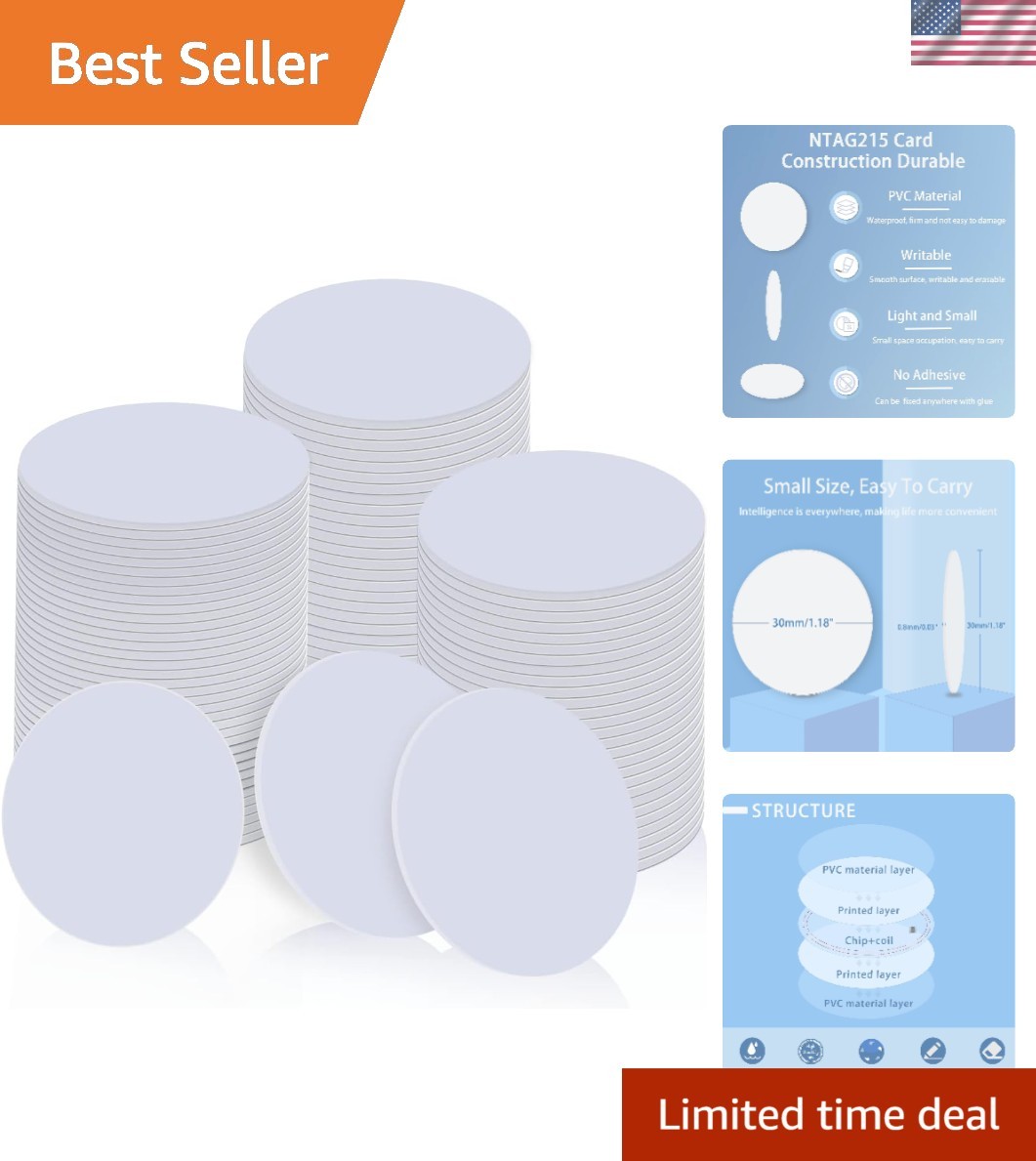 100 pcs NFC Tags Ntag 215 NFC Cards, White NFC 215 Tag Rewritable NFC Coin Ca...