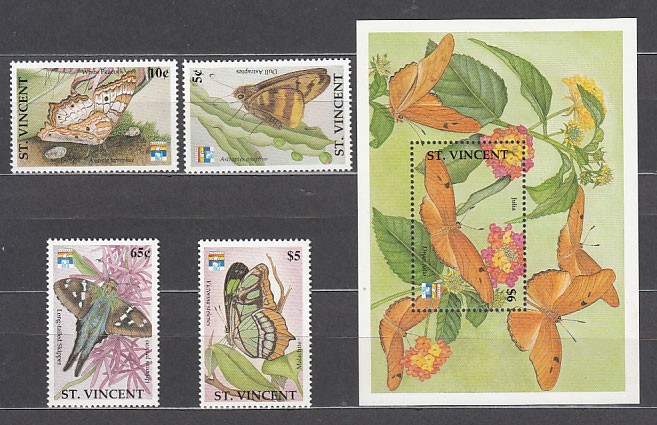 San Vicente - Mail Yvert 1551/4+H.176 ** Mnh Fauna Butterflies