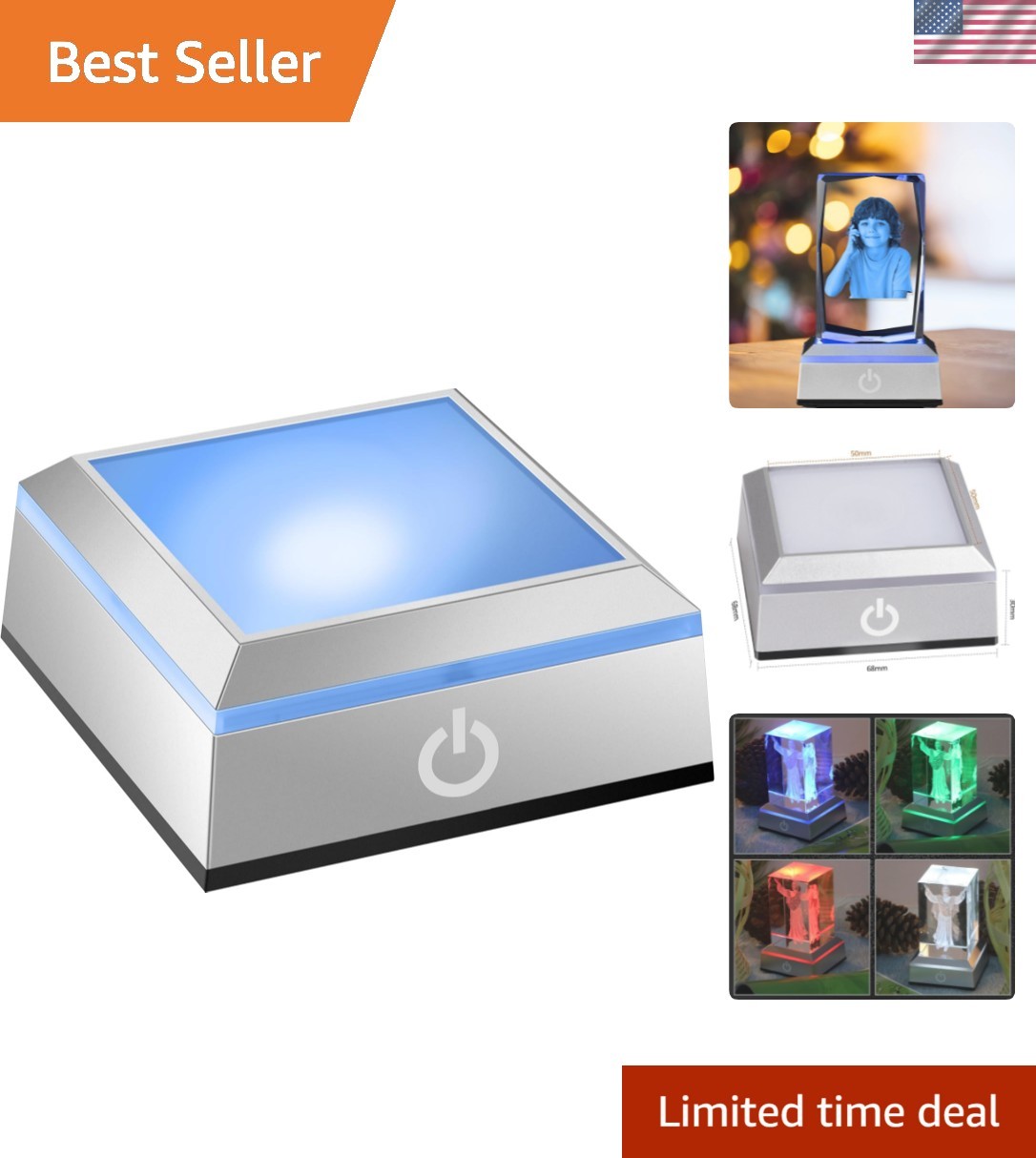 LED Light Base for Crystal 3D Glass Art Colorful Lighted Square Stand Display...