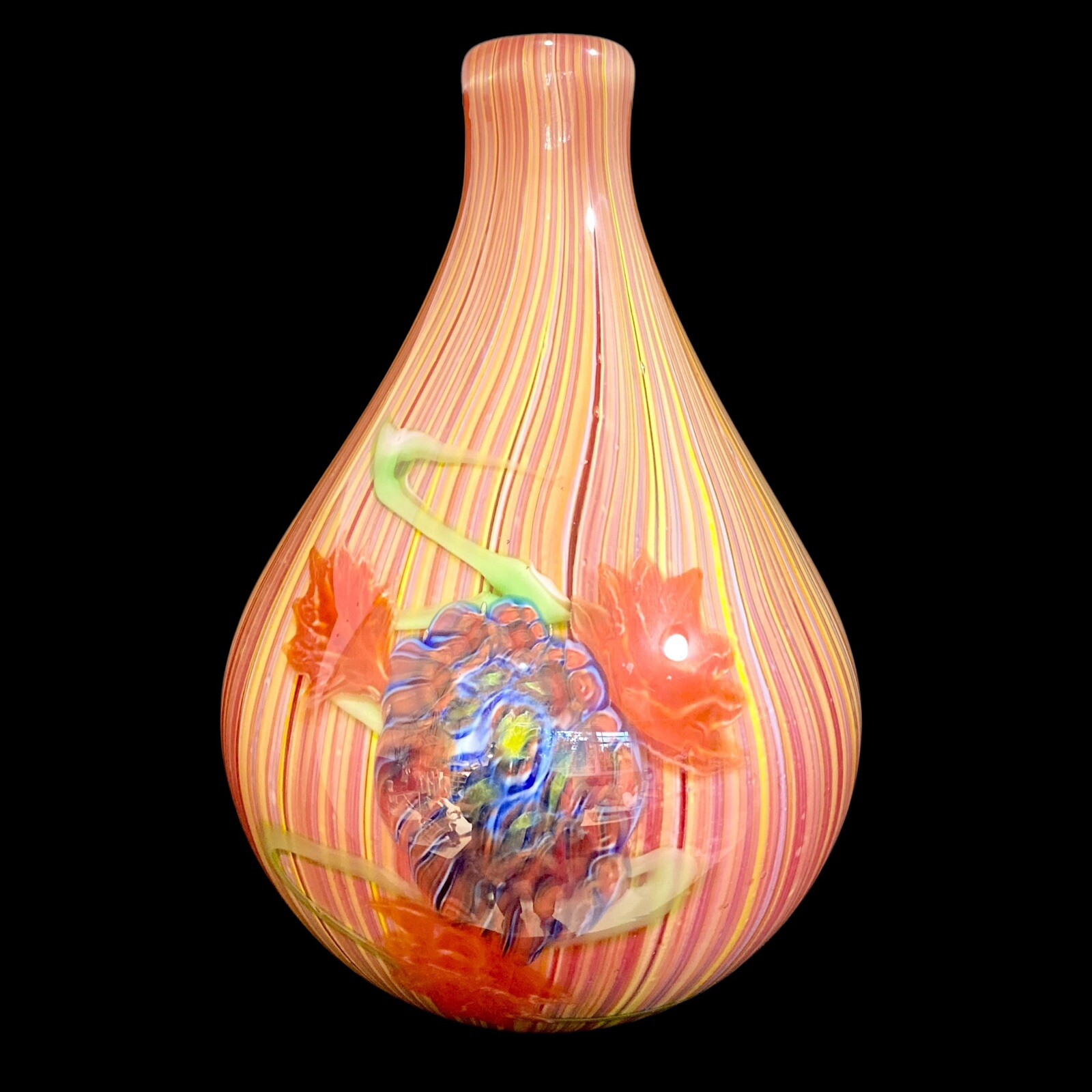 Fused Glass MURANO Vase Filigrana Millefiori Flower Orange Red Art Glass Swirl