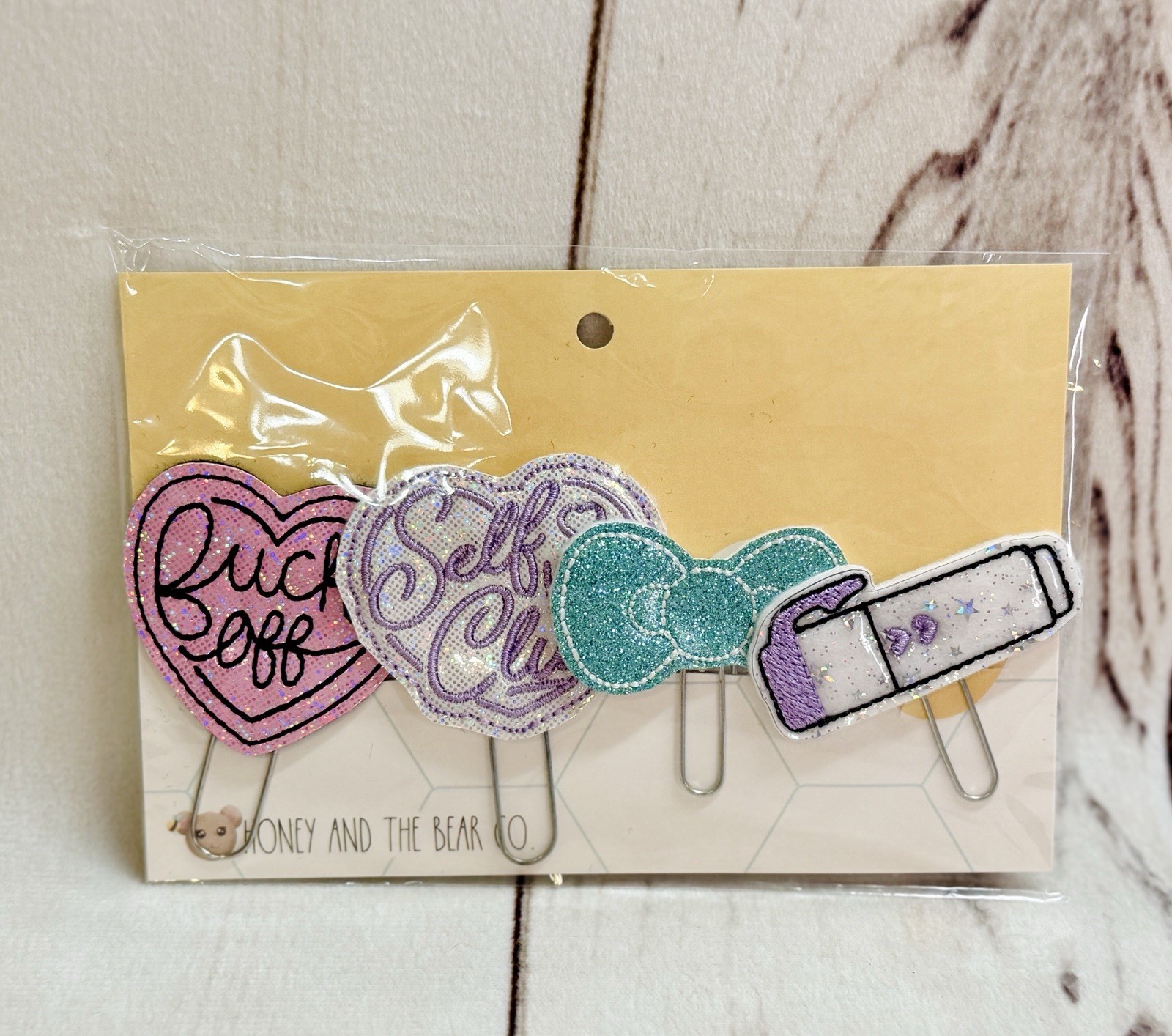x4 Lot Holographic Planner Clips, Heart, Mildliner, Hello Kitty Bow, Purple Pink