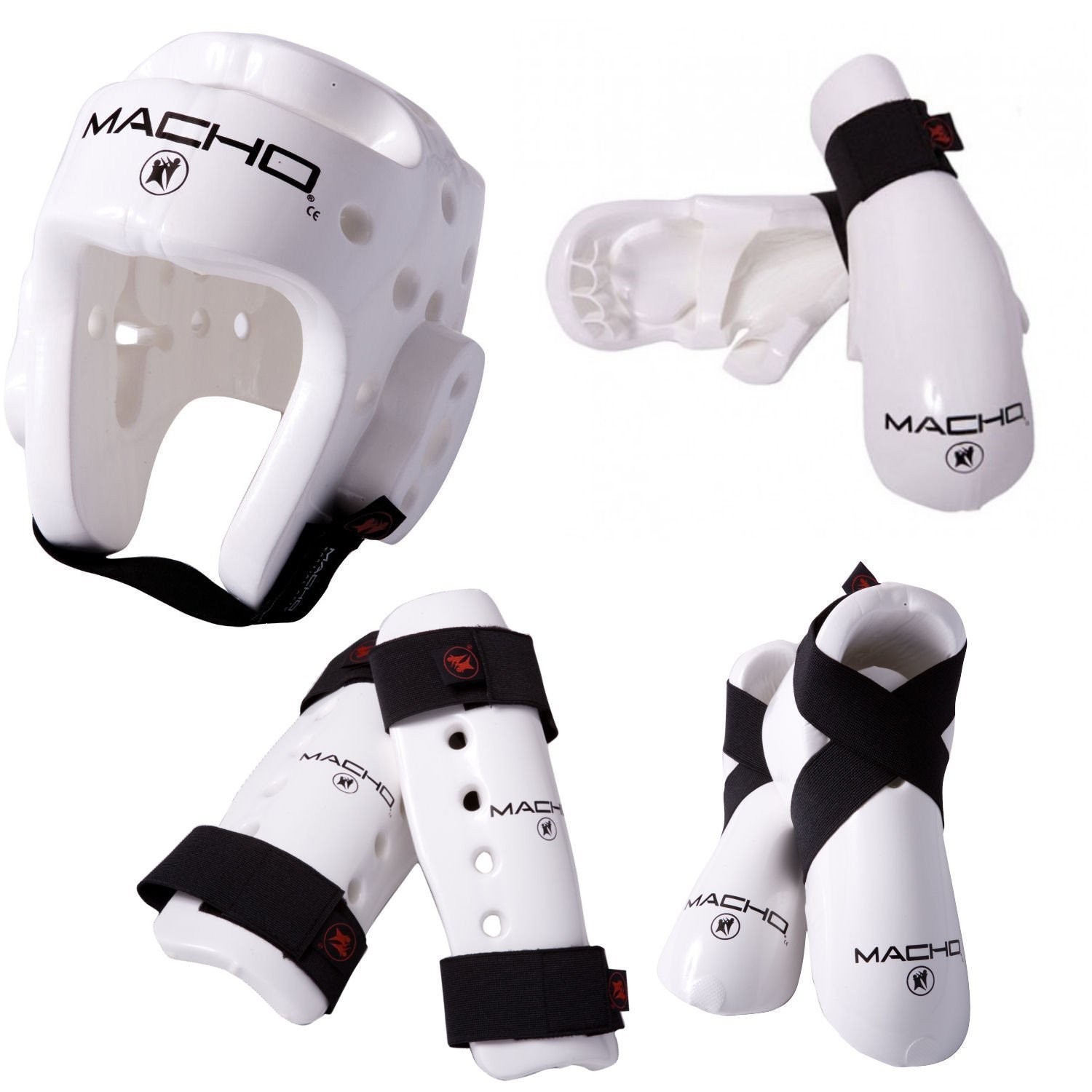 Macho Dyna 7 Piece Sparring Gear Set with shin Guards White Child Small