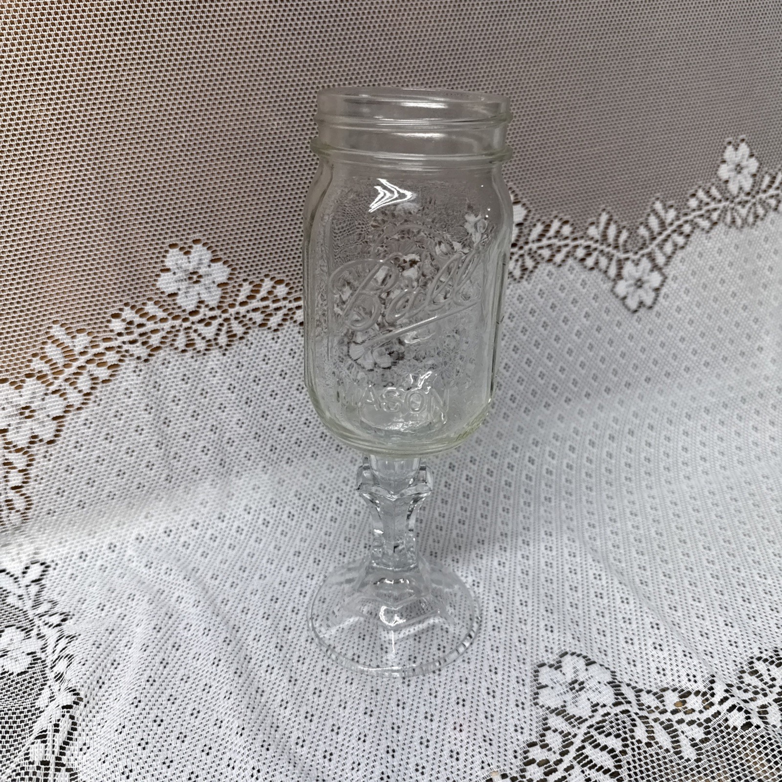 Mason Jar Wine Glass Clear Glass 9" Tall Embossed Fruit Graphics On Side