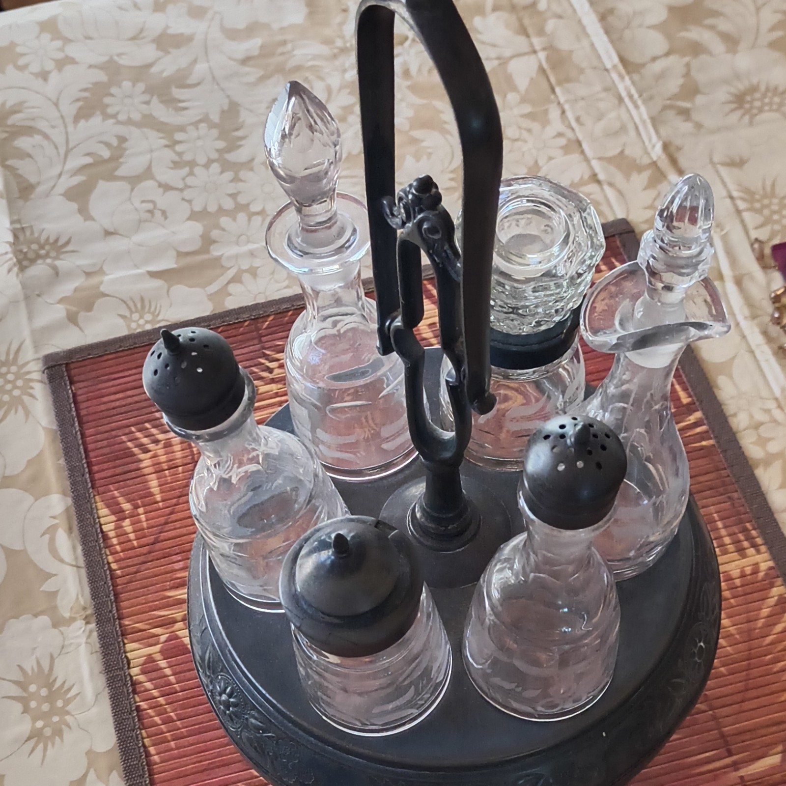 Clear Pressed Glass & Metal Cruet Set, Floral Pattern, Decorative, 7-Piece