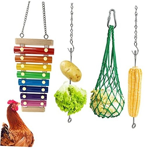 4PCS Chicken Coop Toys-Chicken Xylophone Toy Chicken Veggies Fruit Skewers 