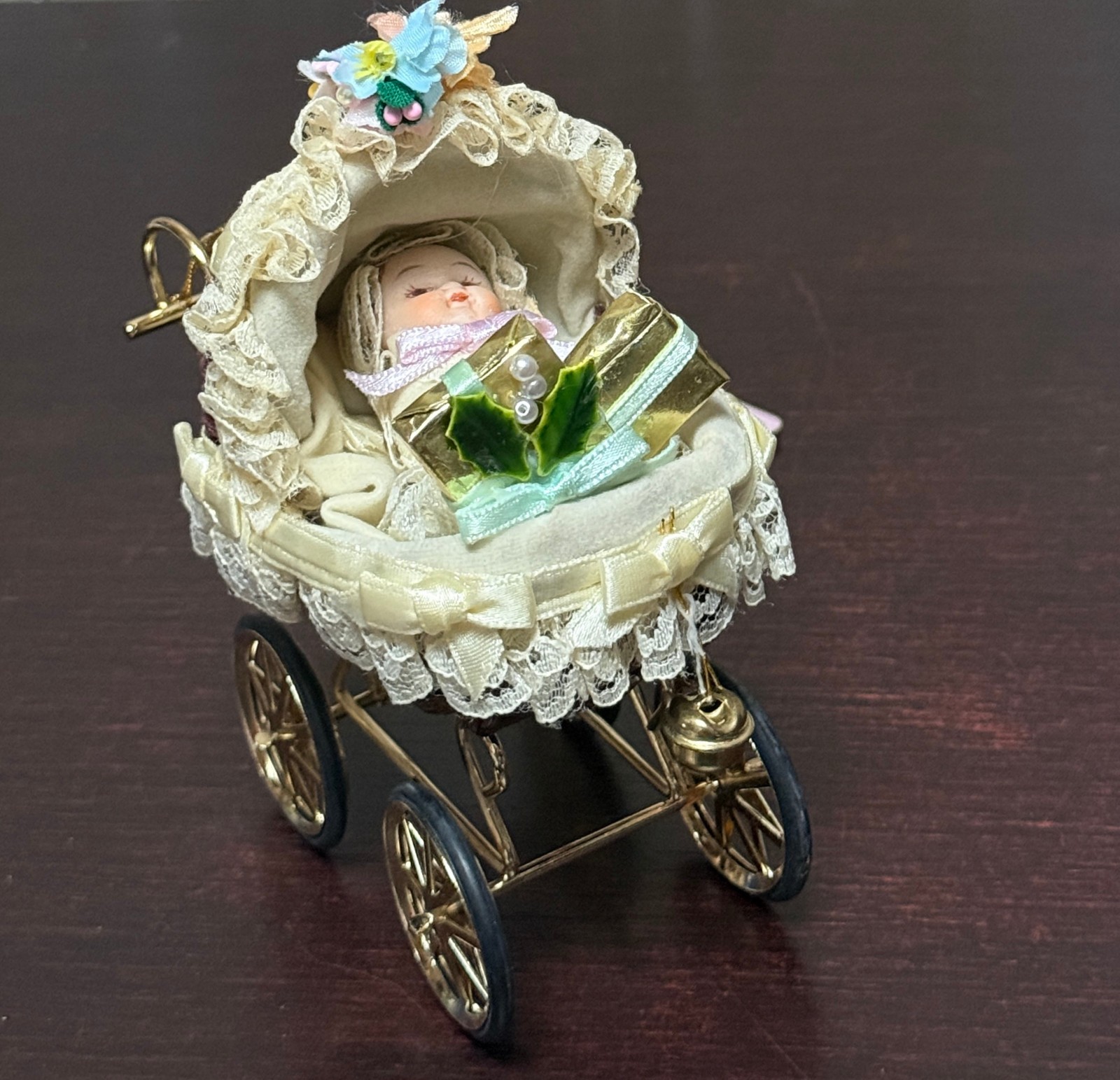 1985 Kurt S. Adler Inc. Miniature Decorative Baby Carriage Doll & Gift  Ornament